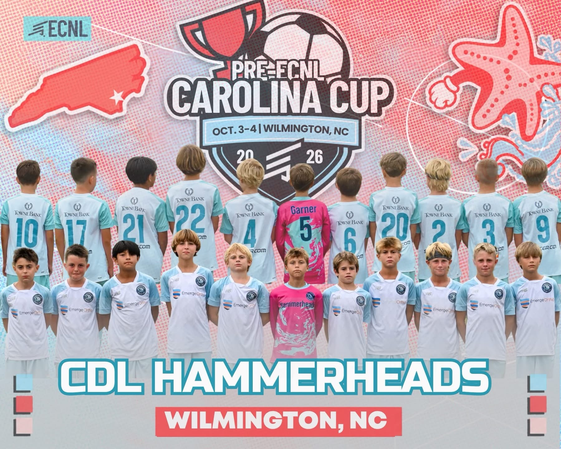 CDL Hammerheads full squad team photo at Pre-ECNL Carolina Cup 2026 showing jersey numbers